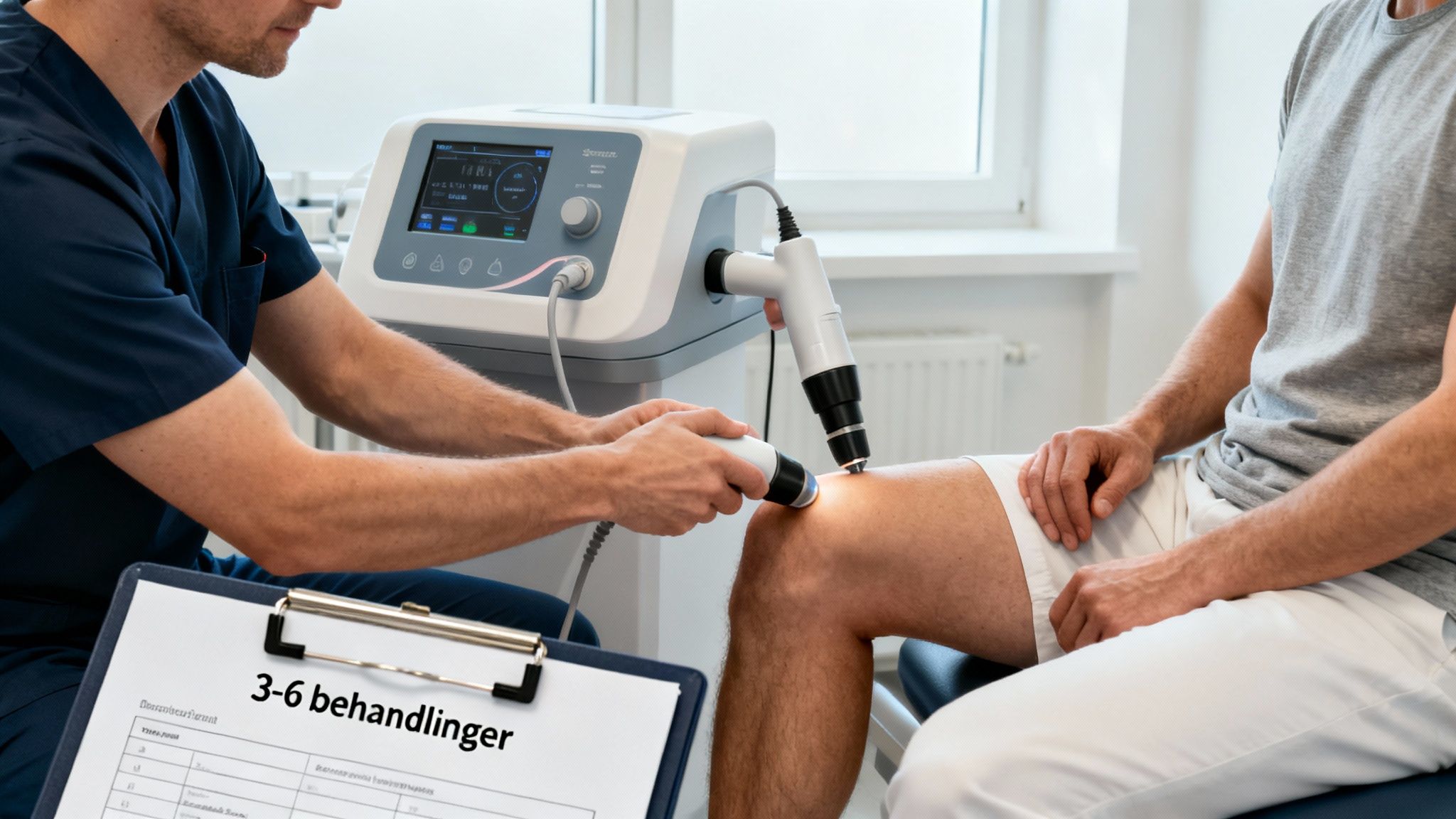 En læge behandler en patients knæ med et medicinsk apparat under en behandlingssession.