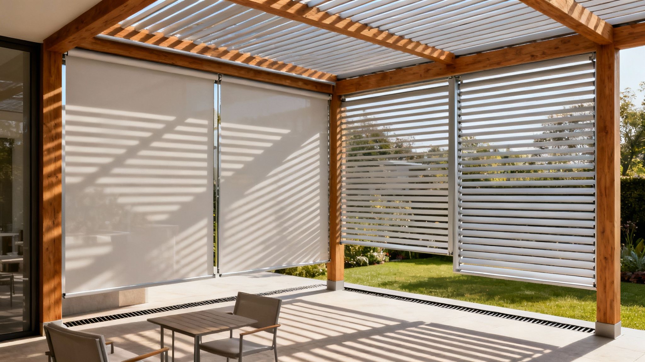 Moderne overdækket terrasse med træpergola, hvide rullegardiner og lameller, der skaber skyggefulde mønstre på fliserne.