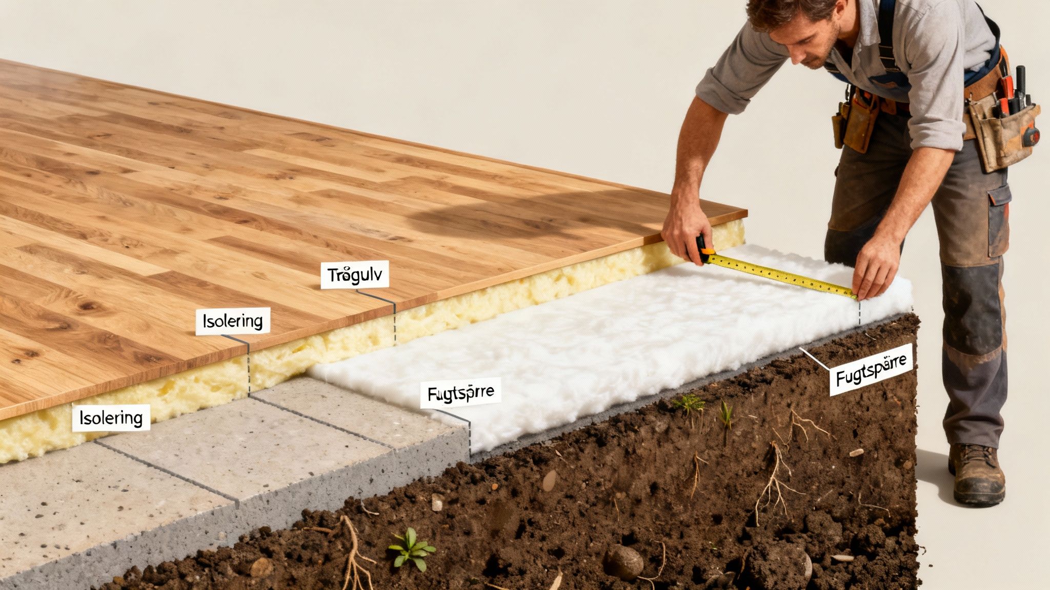 Detaljeret illustration af gulvkonstruktion med trægulv, isolering og fugtspærre. En hånd måler lagene.