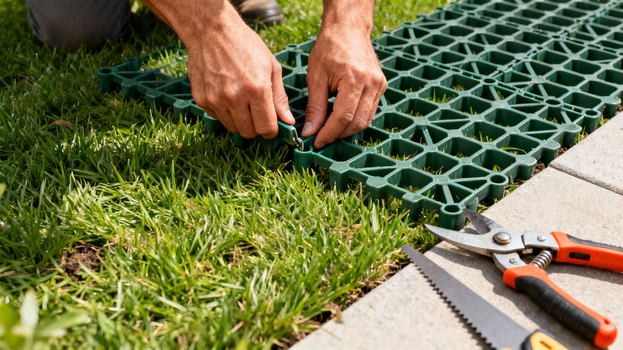 En person monterer grønne græsarmeringsmåtter på en græsplæne ved siden af fliser, med haveredskaber i forgrunden.