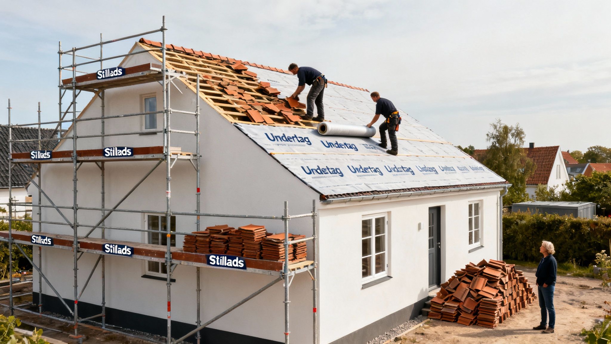 To arbejdere lægger tagsten og undertag på et hus med stillads, mens en person observerer.