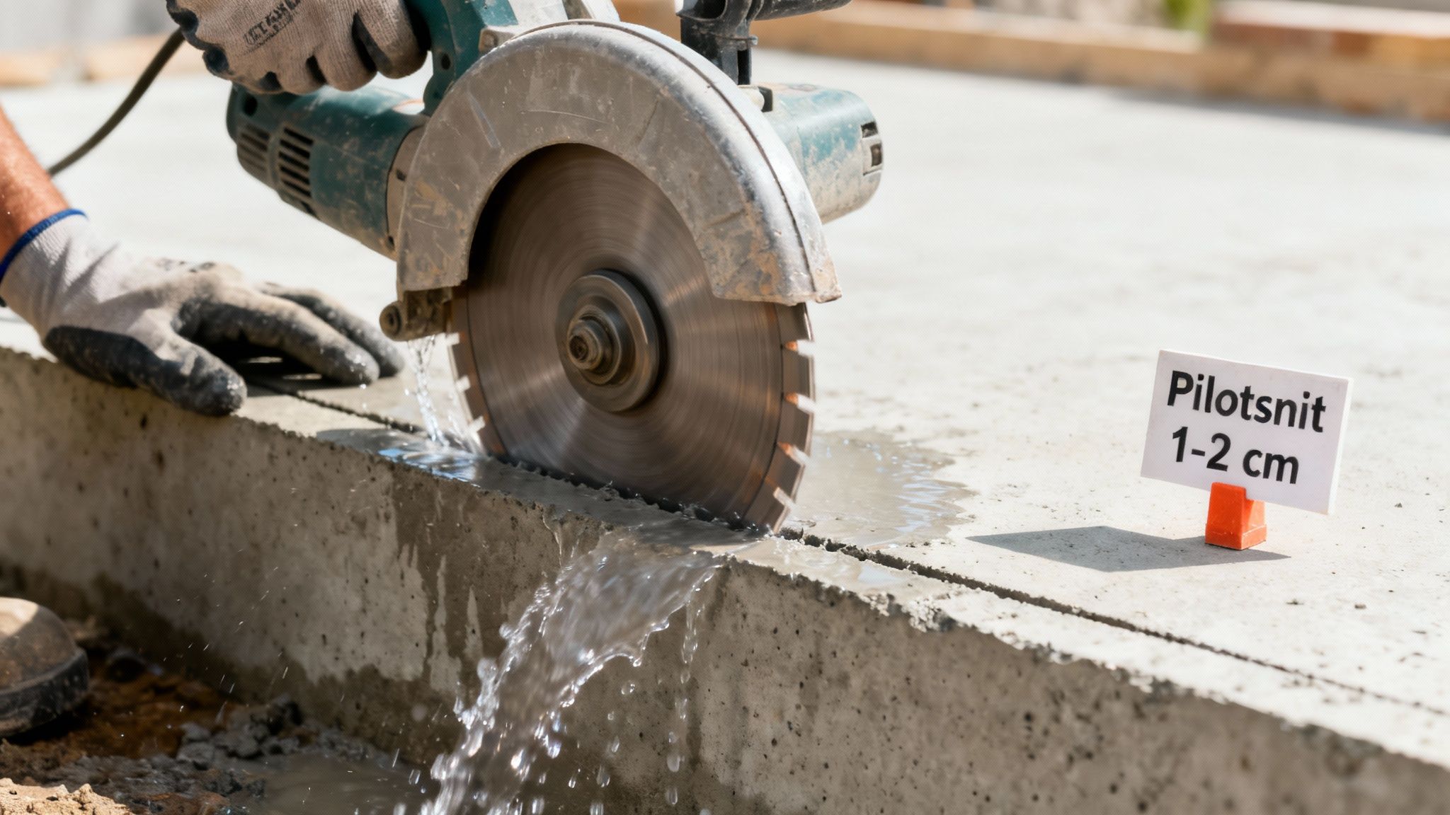 En person skærer beton med en rundsav, mens vand sprøjter for at forhindre revner. Et skilt angiver 'Pilotsnit 1-2 cm'.