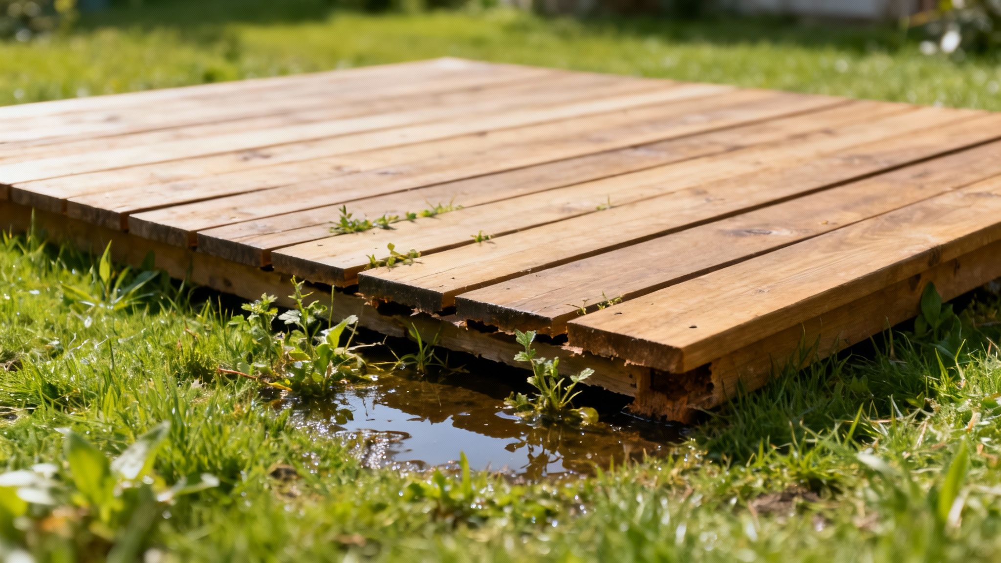 Træterrasse lagt ovenpå græs med tydelige tegn på fugt og forfald