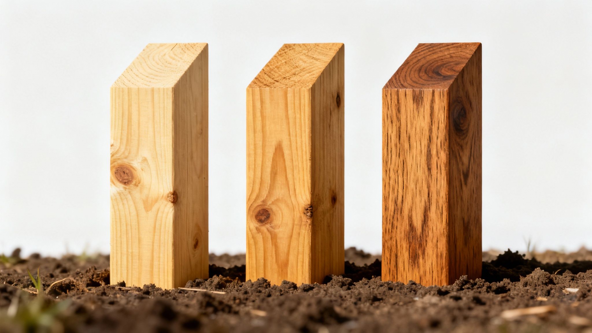 Tre træstolper i forskellige nuancer med skrå toppe står i jord mod hvid baggrund.