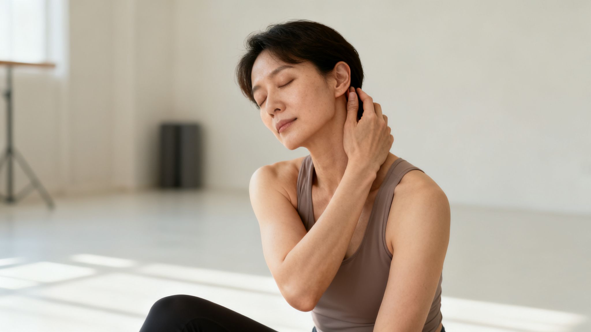 En asiatisk kvinde med lukkede øjne masserer forsigtigt sin nakke i et lyst yogastudie.