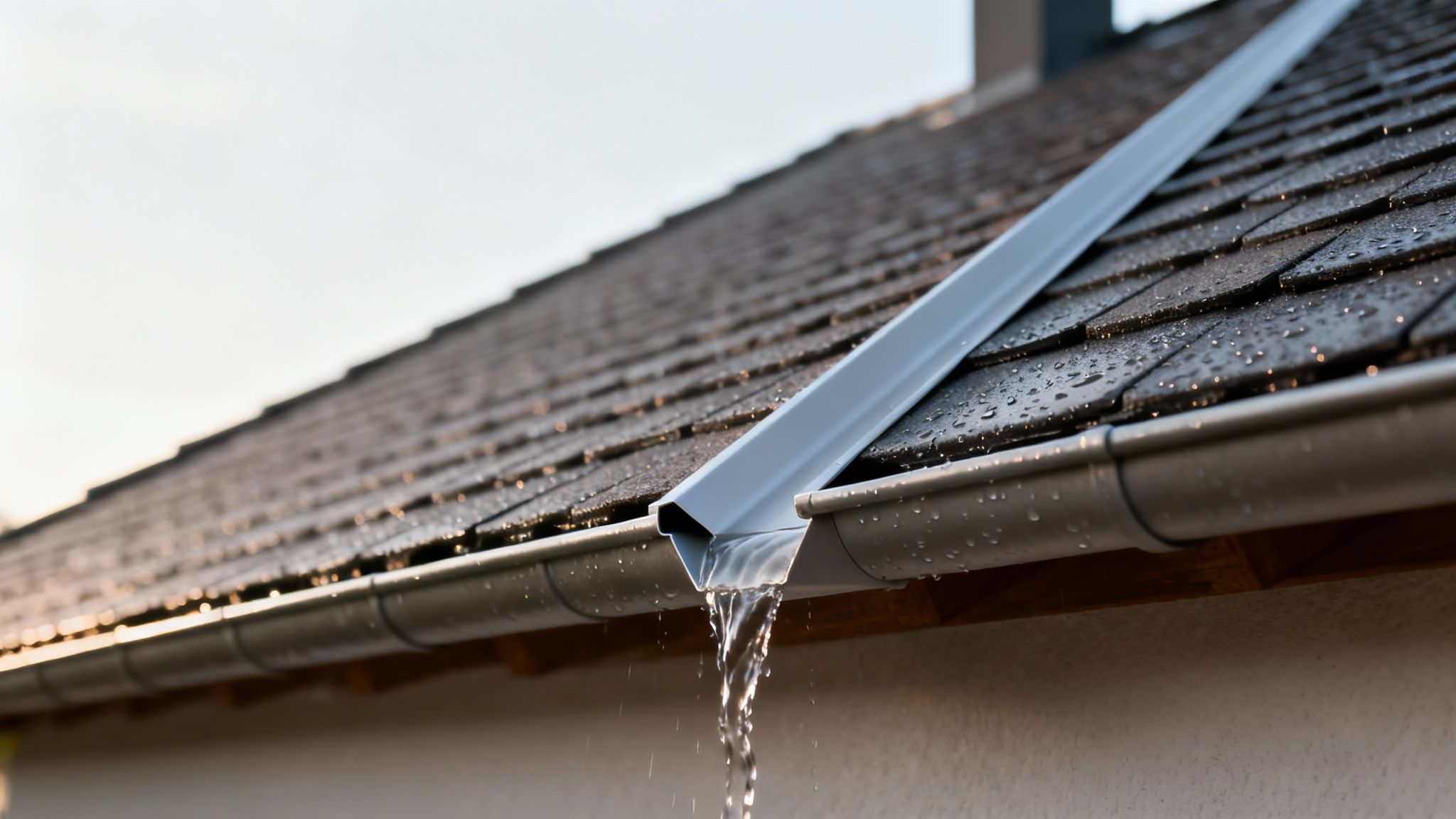 Vand strømmer fra en lysegrå skotrende ned i tagrenden på et tag med mørke, våde tagsten under sollys.