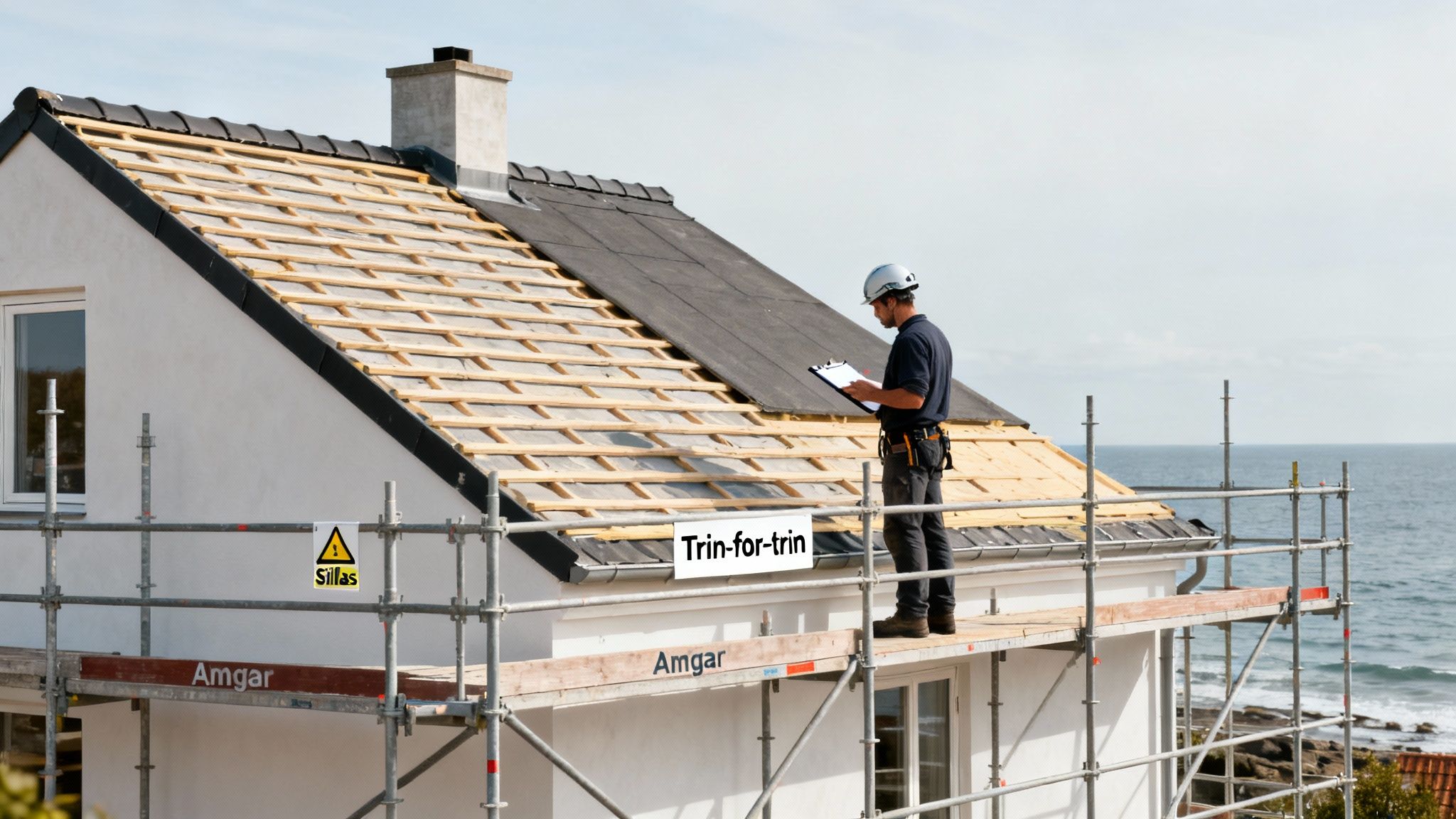 En bygningsarbejder på et stillads inspicerer et hus med et ufærdigt tag tæt på havet.