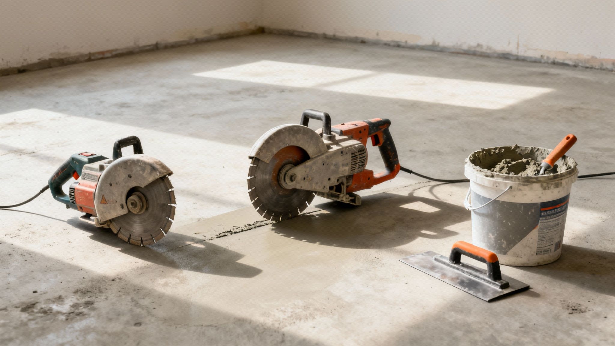 Betonsliber værktøj og spartler med cementmørtel på betongulv under renovering