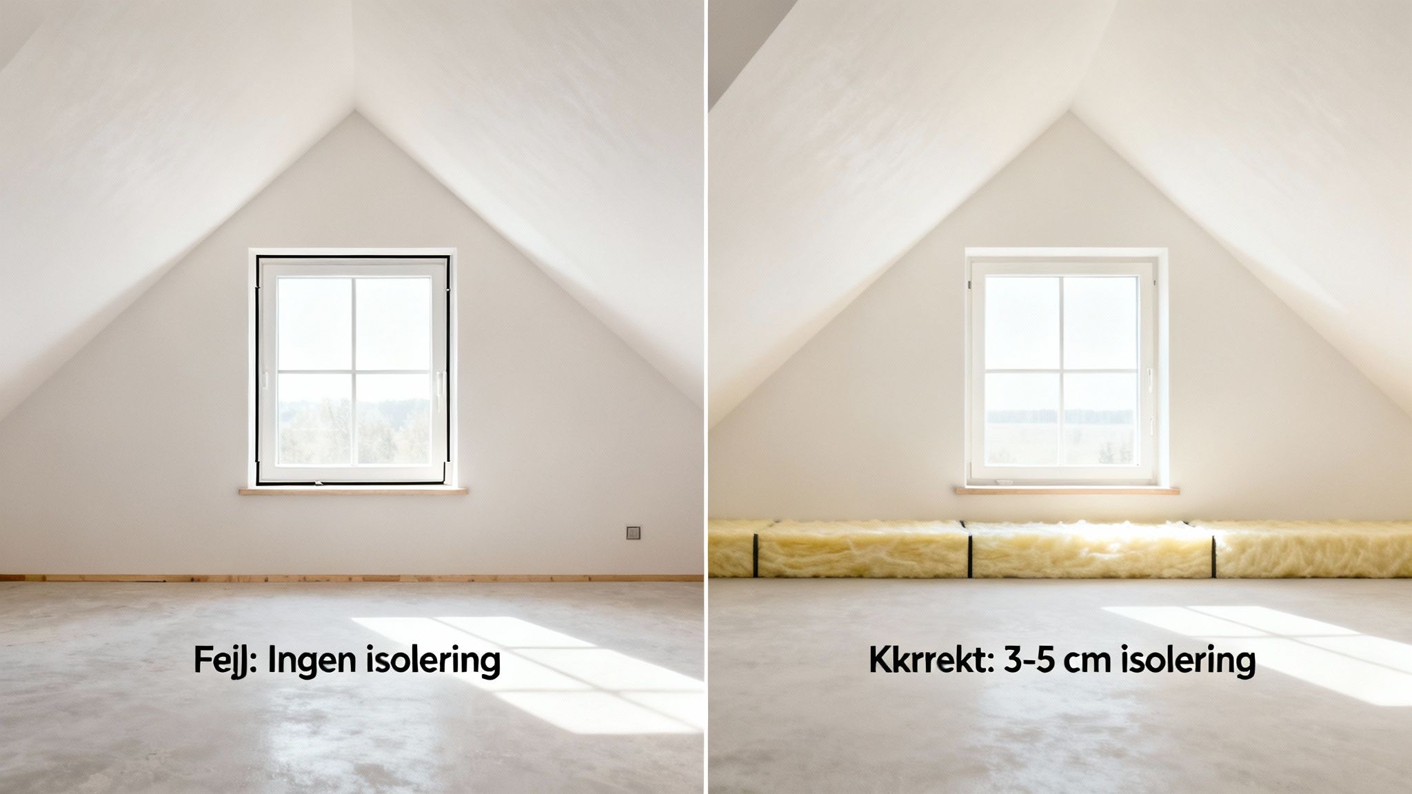 Billede der sammenligner korrekt og forkert isolering af et loftrum med et vindue, hvor korrekt viser 3-5 cm isolering.