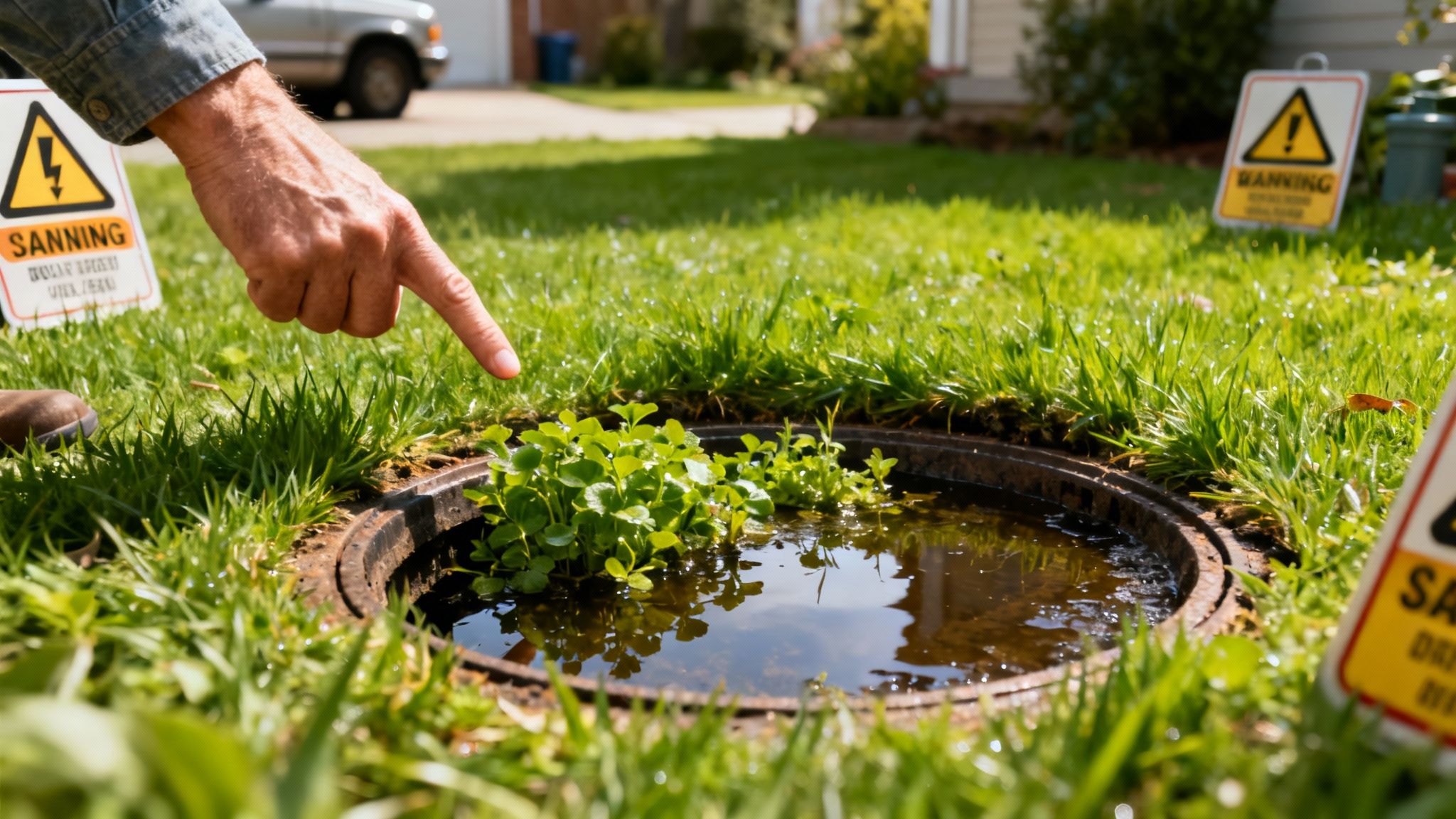 En hånd peger ned på et åbent kloakdæksel fyldt med vand og planter i græsset, med advarselsskilte.