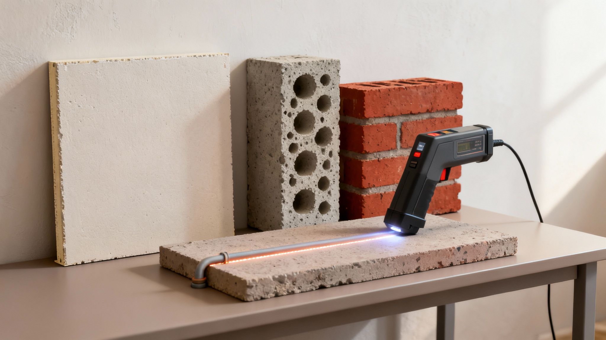 En enhed scanner et rør i en betonplade, omgivet af forskellige byggematerialer.