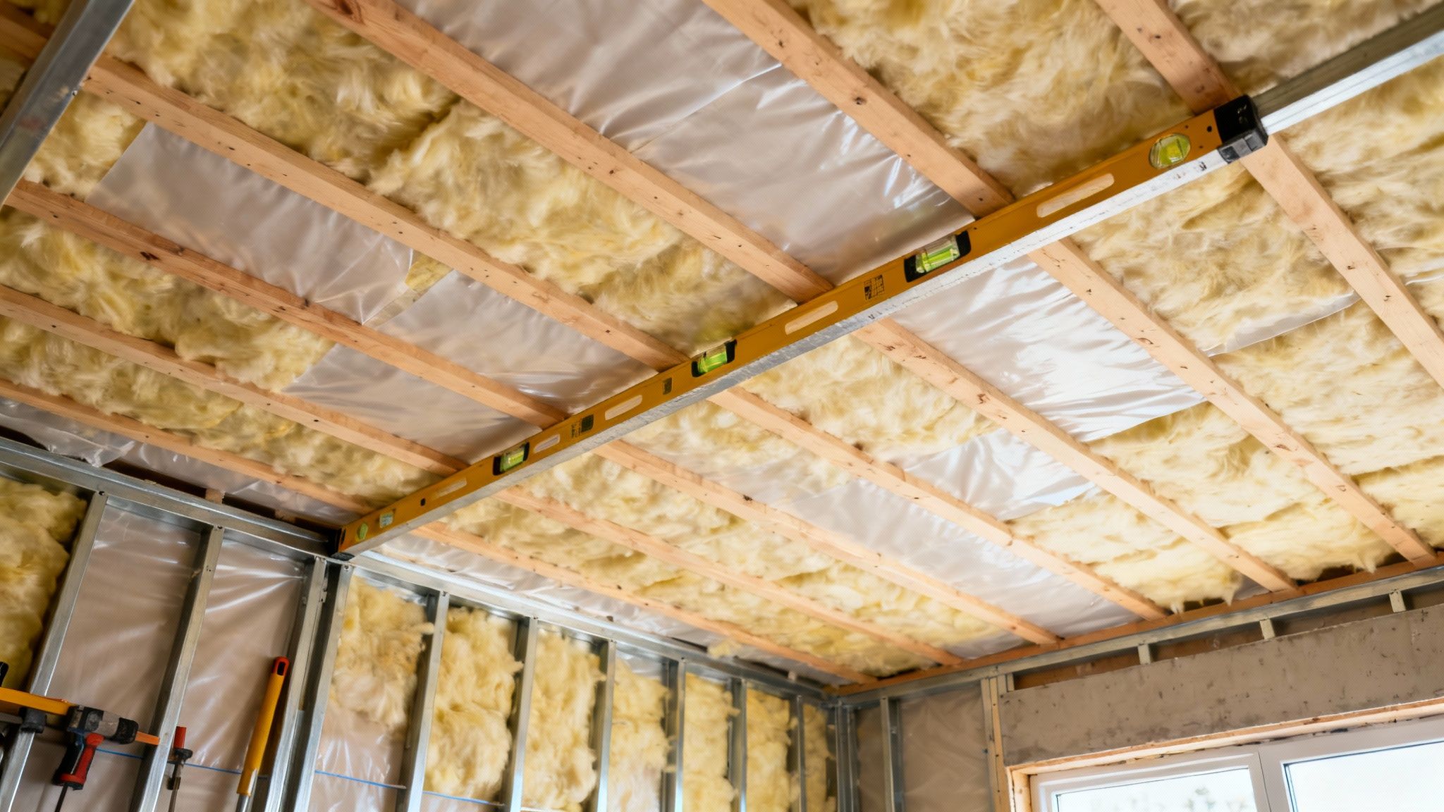 Loft og vægge under opbygning med isolering, træbjælker og dampspærre. Et vaterpas er placeret.