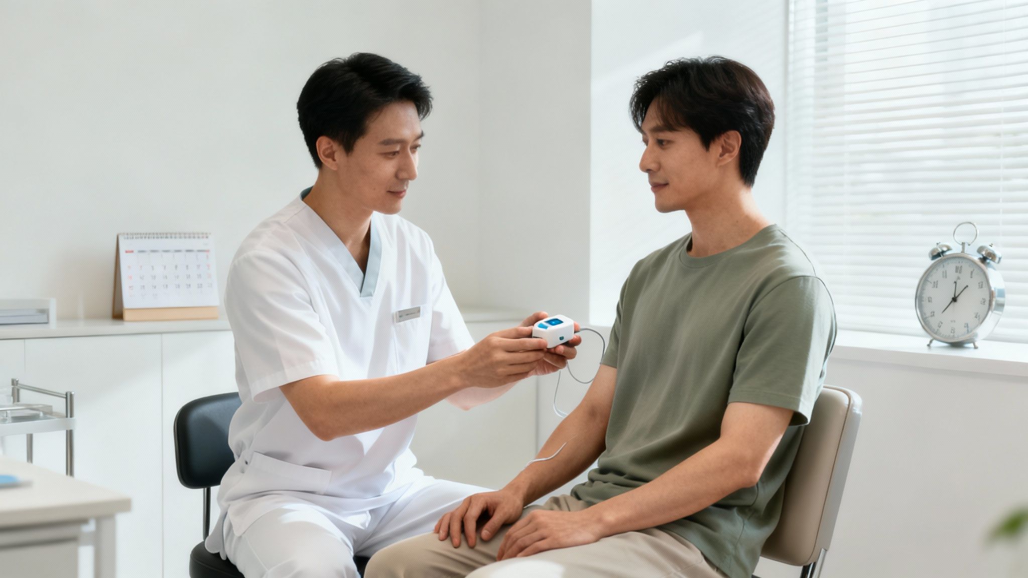 En læge måler en patients vitale tegn med et medicinsk apparat i en lys klinik.