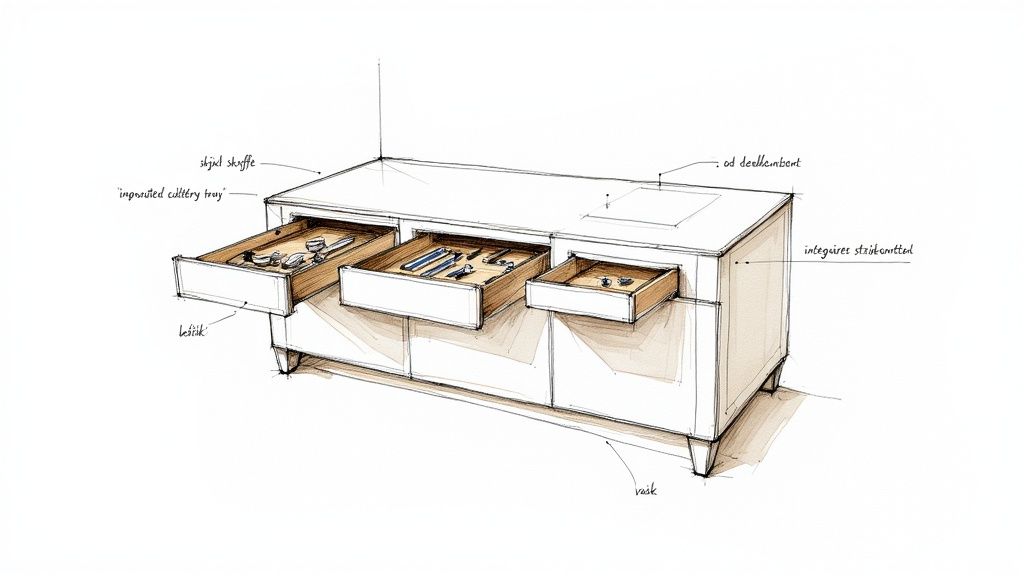 Skitse af en køkkenø med åbne bestikskuffer, der viser organiseret bestik, og en vask på bordpladen.