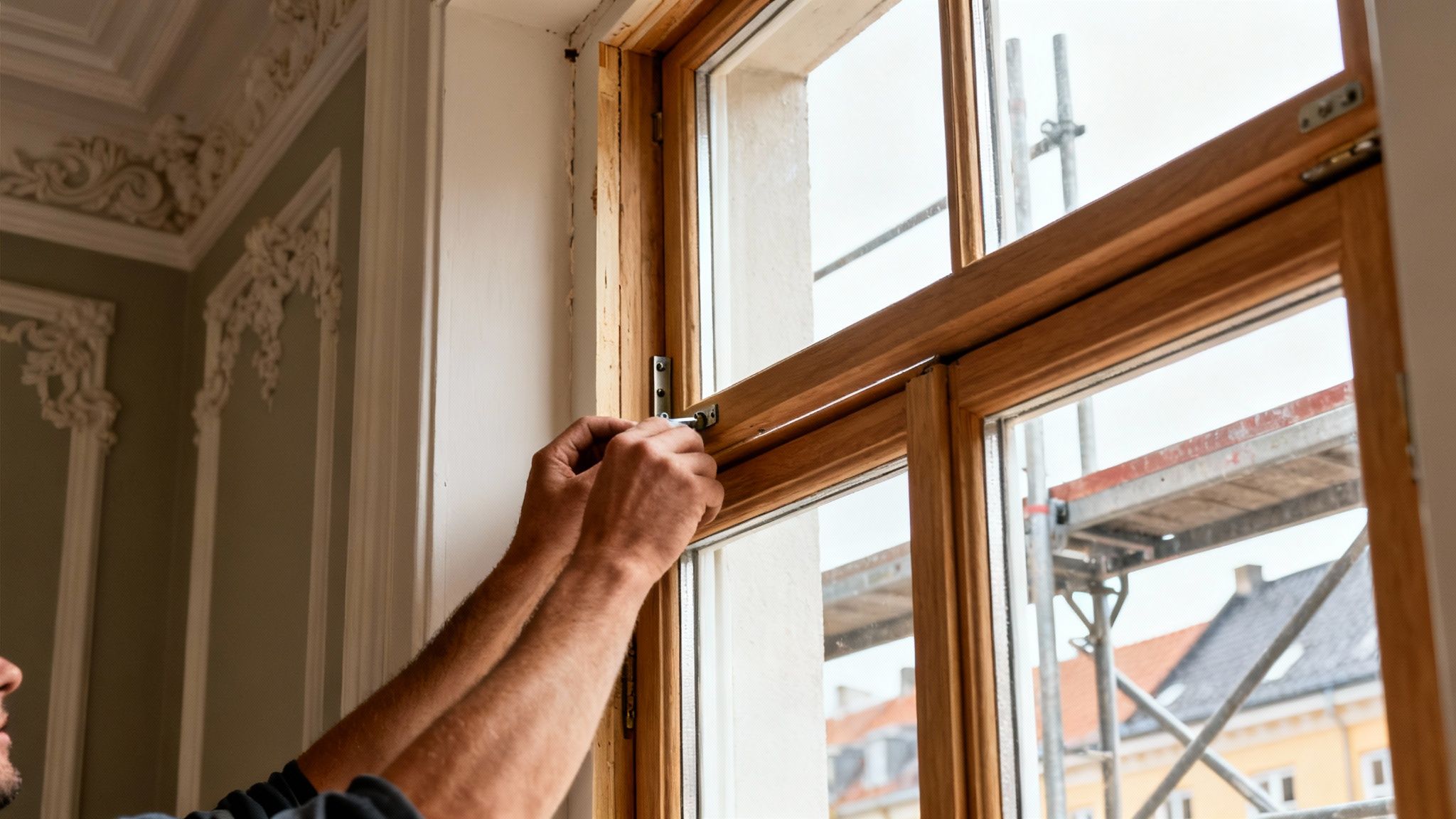En person monterer eller justerer en vindueslås på en trævinduesramme indendørs.