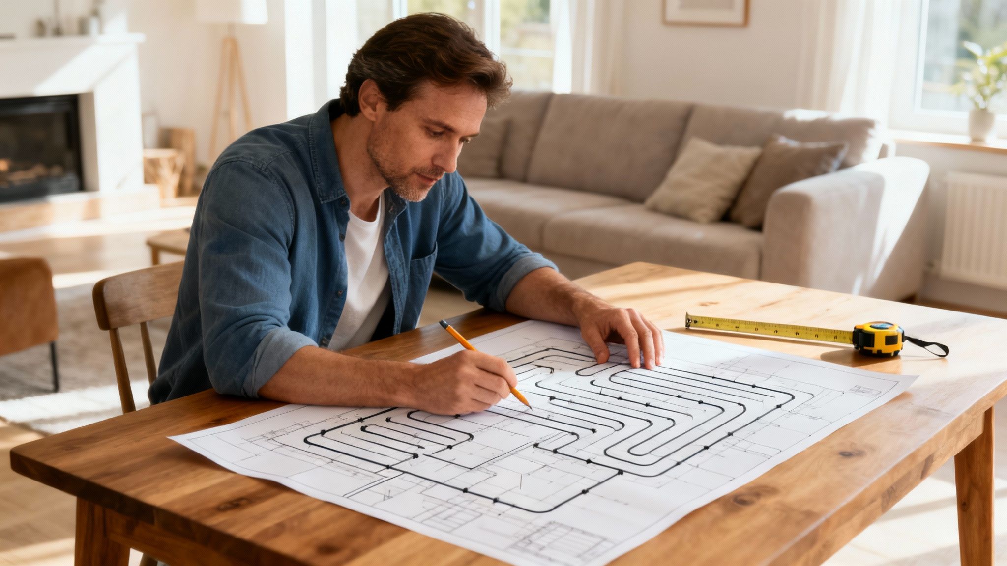 Moderne stue med trægulv, hvor gulvvarme er installeret.