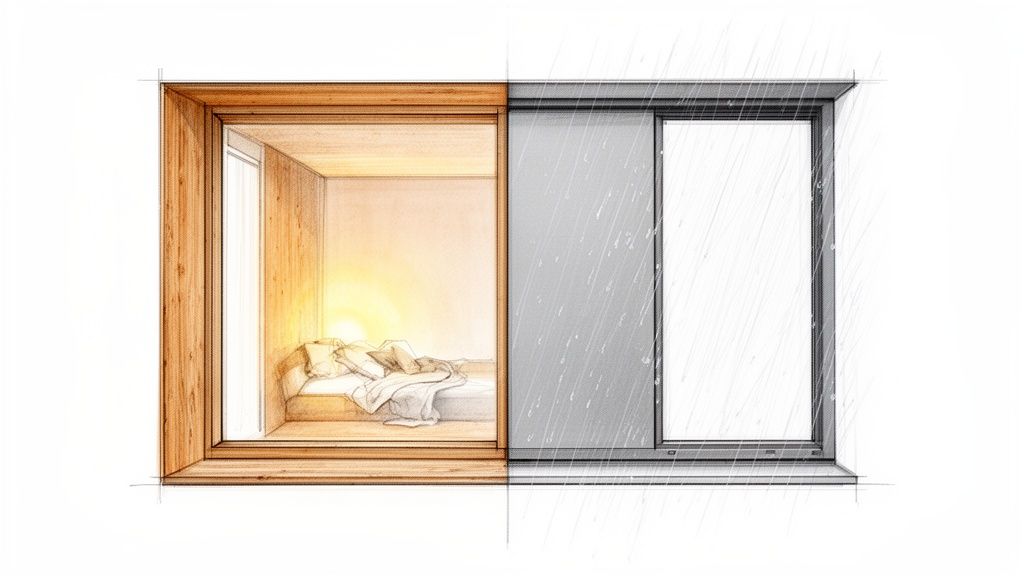 Tegning af et alu træ vindue: indendørs solskin med træramme, udendørs regn med aluminiumsramme.