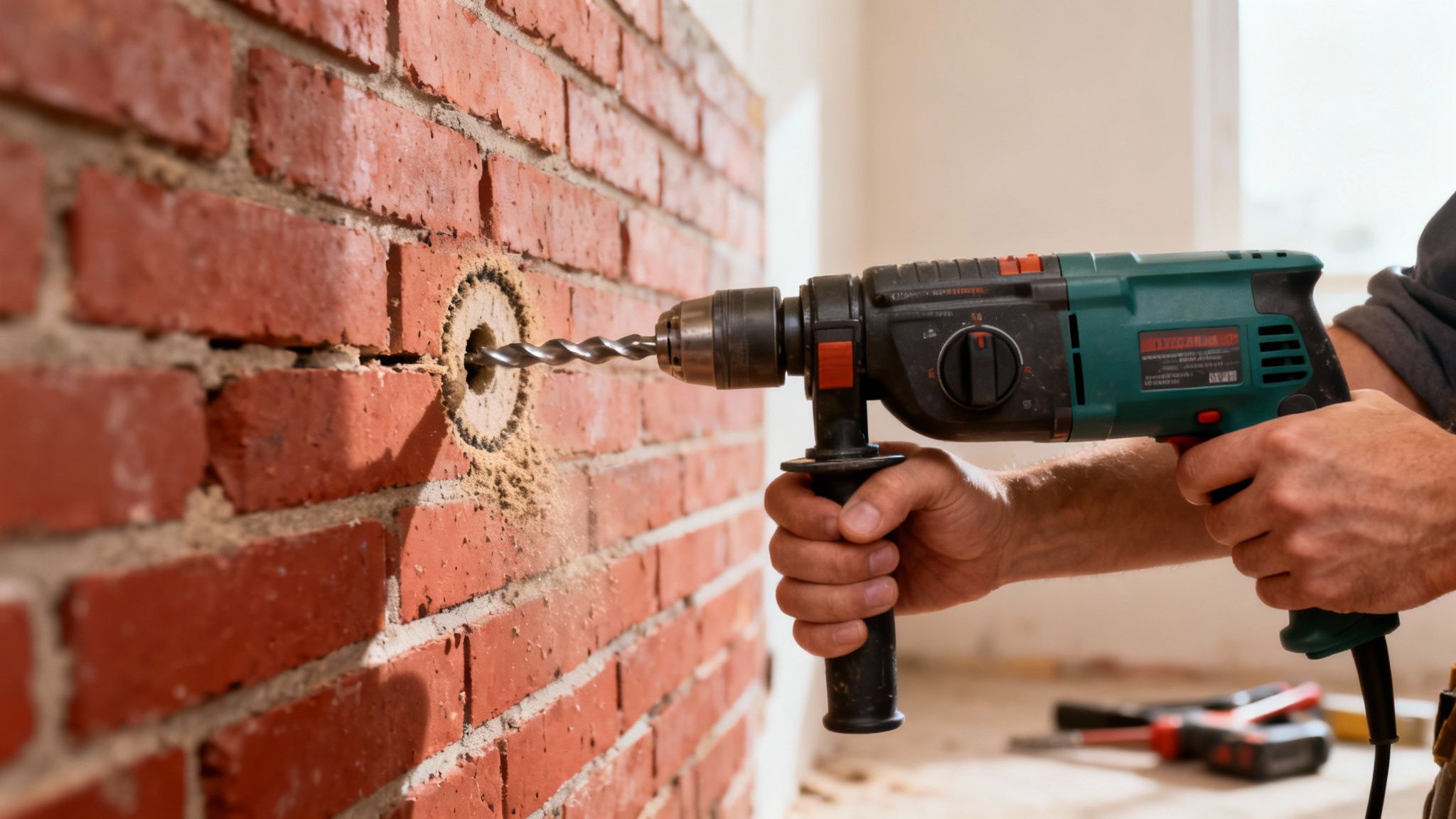En person borer et hul i en rød murstensvæg med en borehammer, hvilket skaber støv og sand.