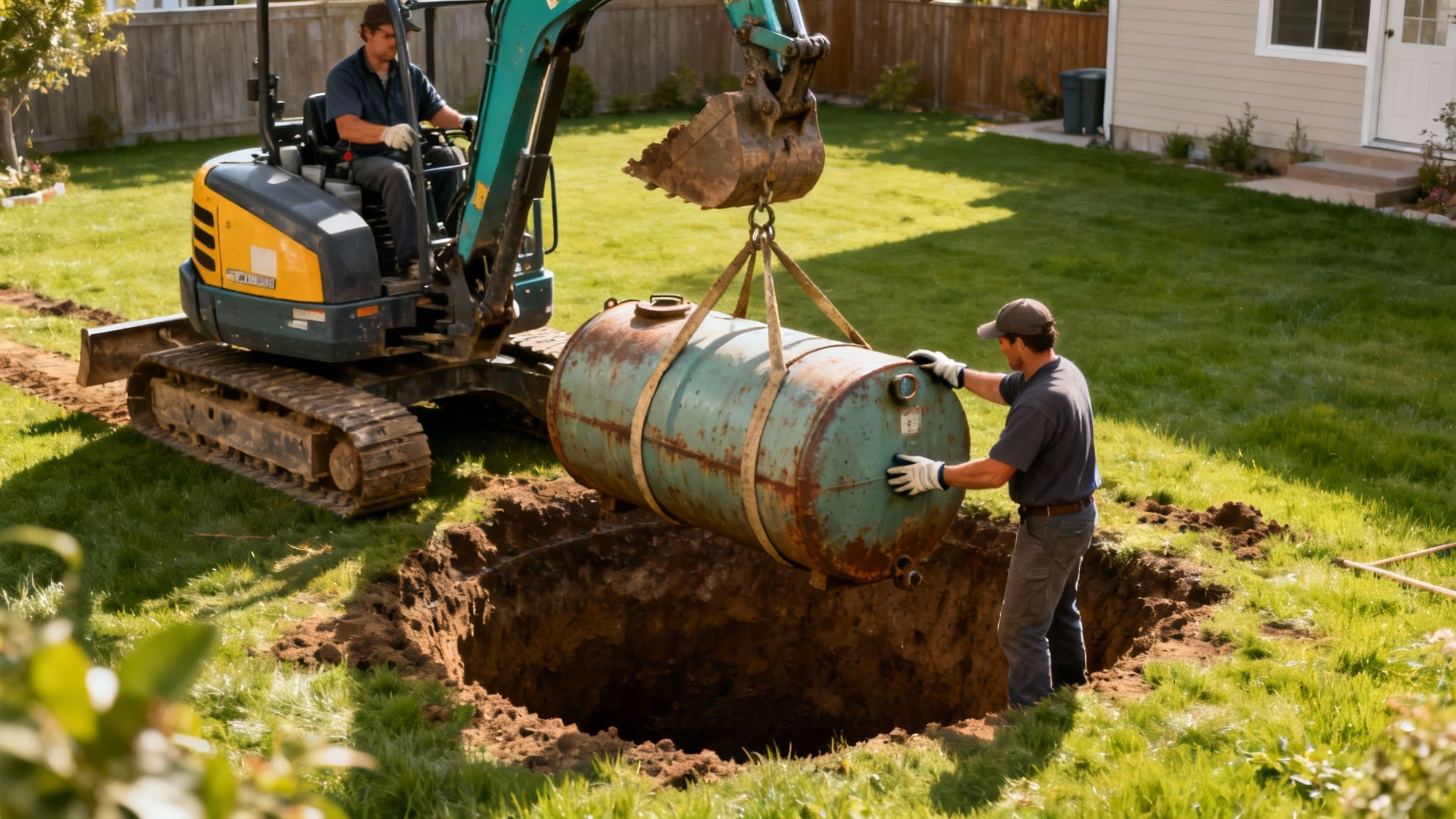 Arbejdere fjerner gammel olietank fra have med minigraver og løftegrej under professionel opgravning
