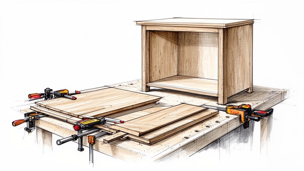 Tegning af en træbearbejdningsopsætning med et træskab og klemte træplanker på et arbejdsbord.