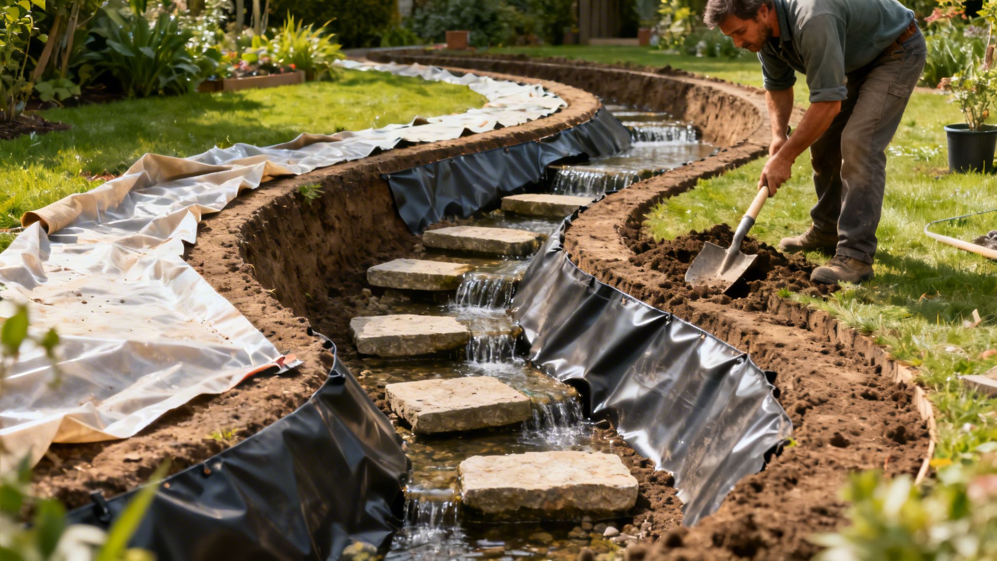 En mand anlægger et smukt vandløb i haven med sten, vand og sort bassinfolie.