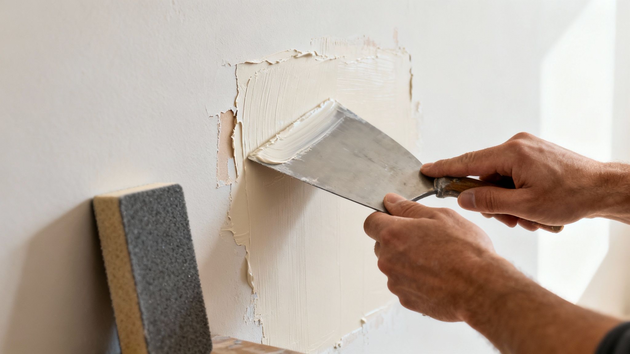 Nærbillede af hænder, der spartler en væg med afskallende maling, forbereder den til videre behandling.