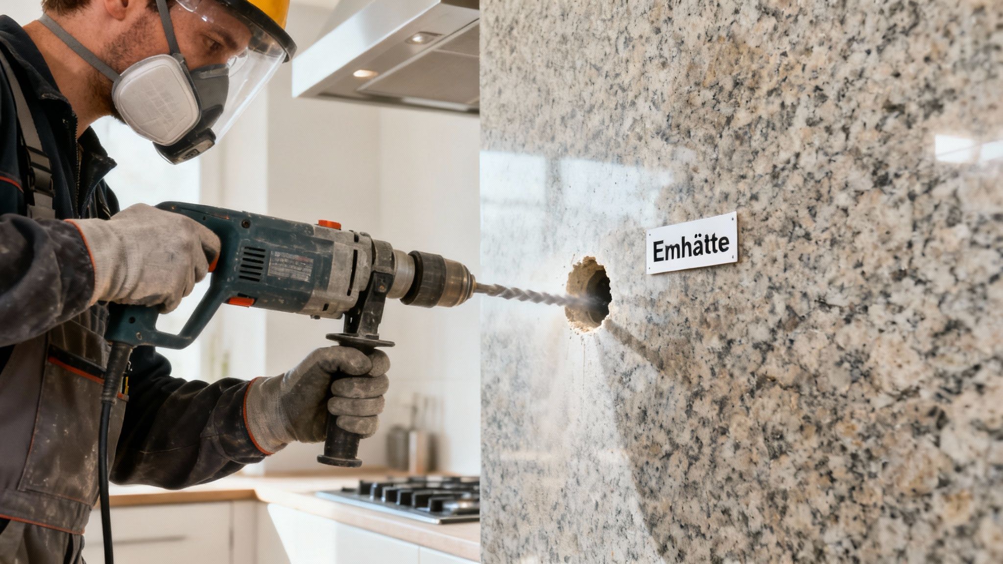 En håndværker med sikkerhedsudstyr borer et hul i en granitvæg til en emhætte i et køkken.
