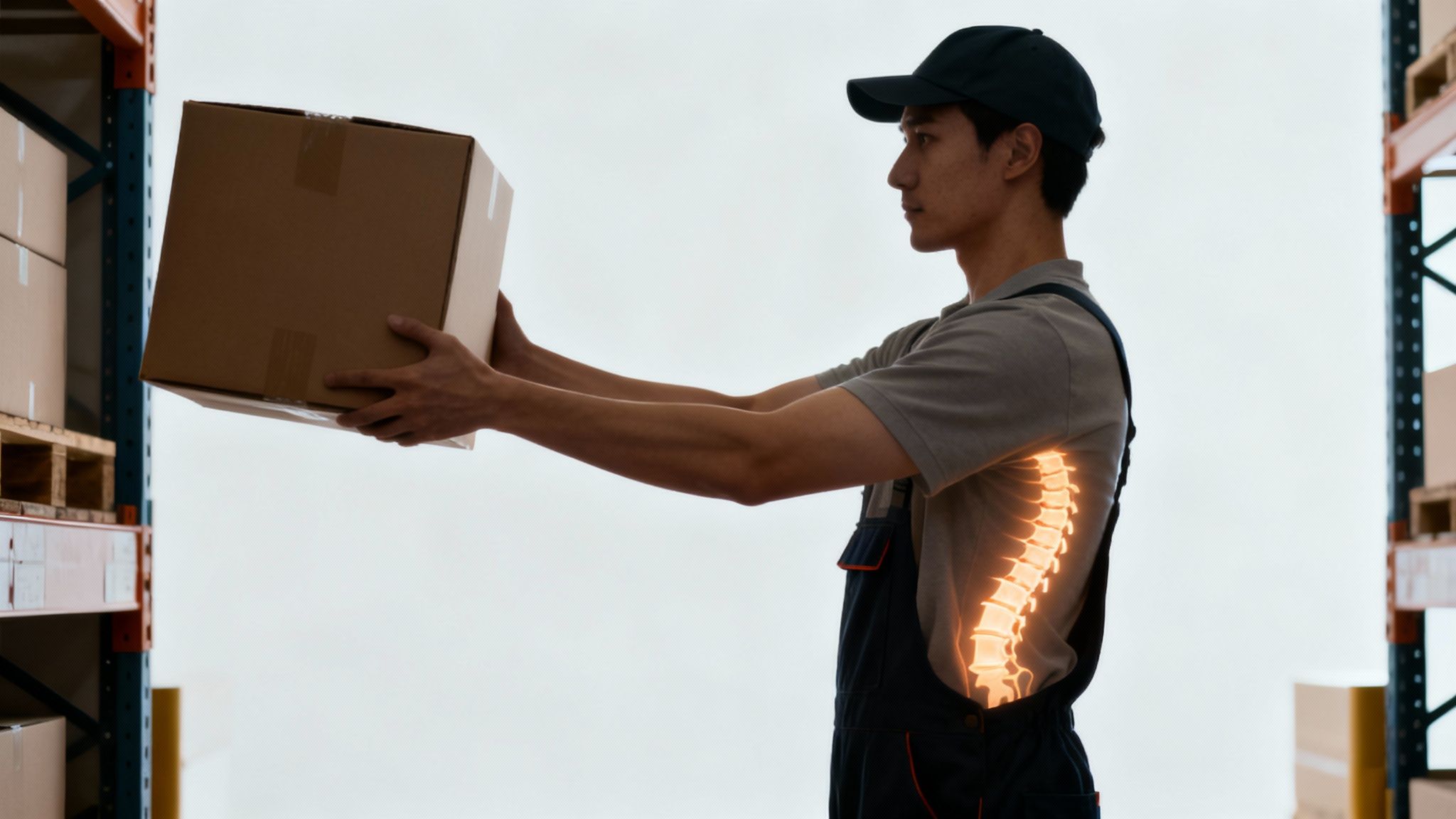 En mand løfter en papkasse i et lager, med en illustreret rygsøjle der fremhæver ergonomi.