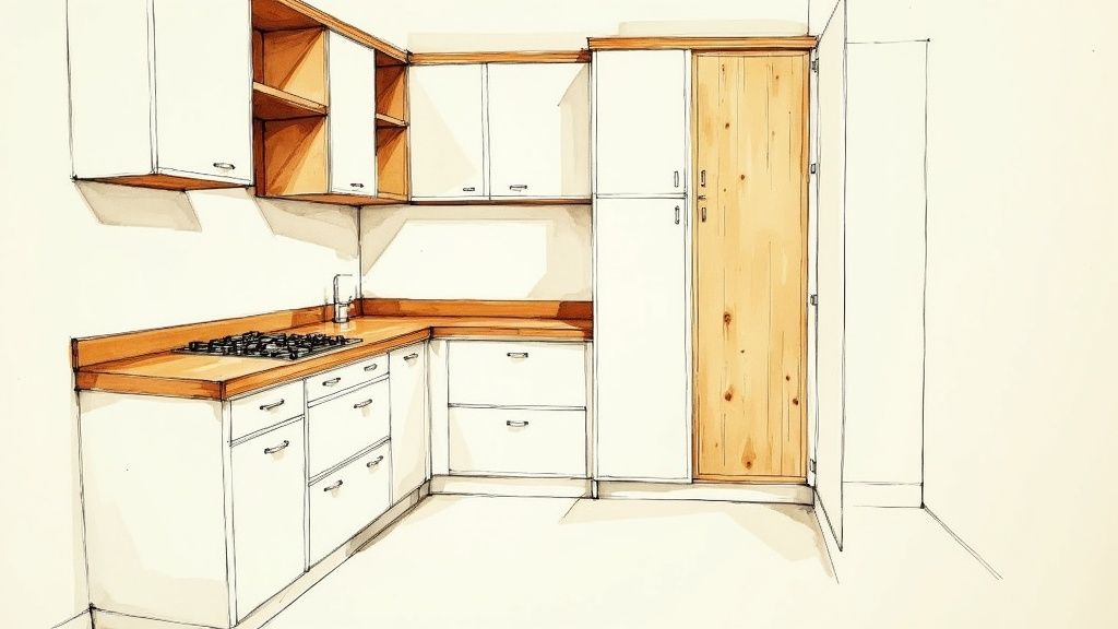 Skizze af et moderne køkken med hvide skabe, træbordplader, gaskomfur og en høj træskab.