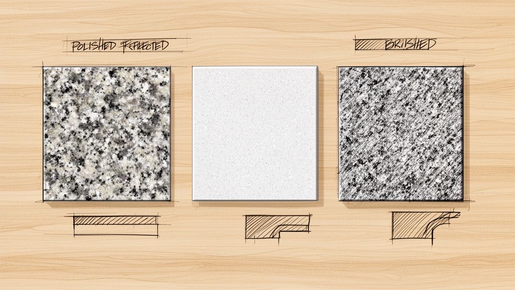 Billedet viser tre granitprøver med polerede og børstede overflader samt forskellige kantprofiler.