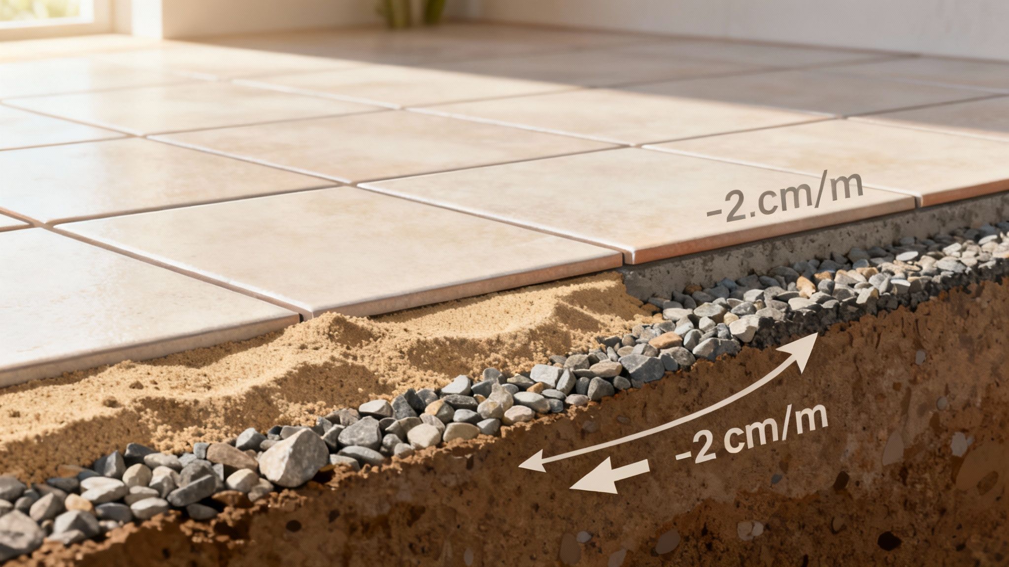 Tværsnit af terrassefliser med underlag af sand og grus, der illustrerer et drænfald på 2 cm/m.