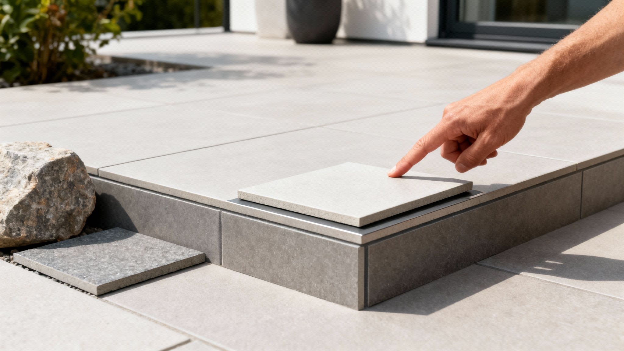 En hånd peger på en lys flise på en moderne, hævet terrassekonstruktion med mørkere fliser.