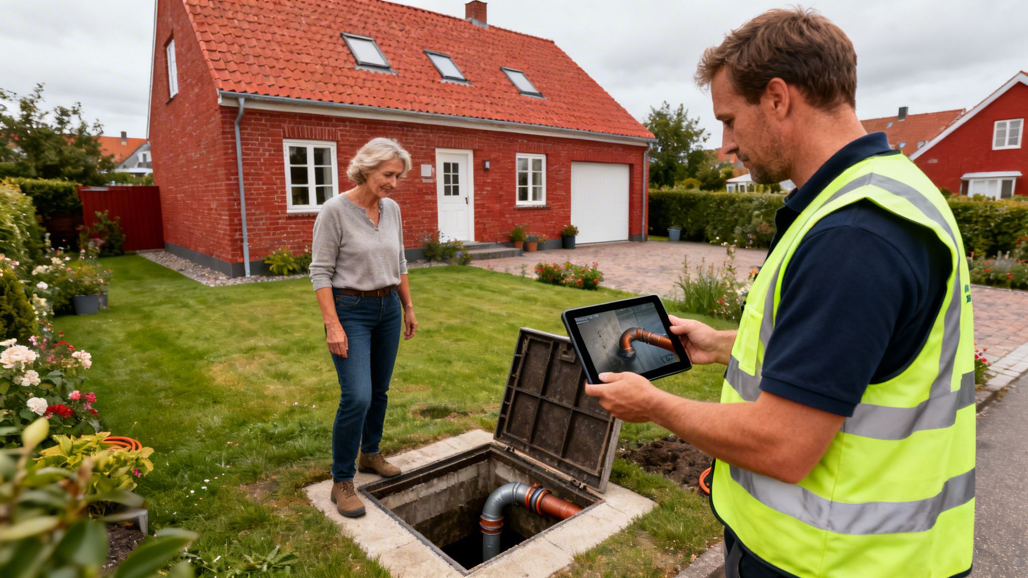 Mand i sikkerhedsvest viser en kvinde kloakrør på en tablet ved et åbent dæksel foran et hus.