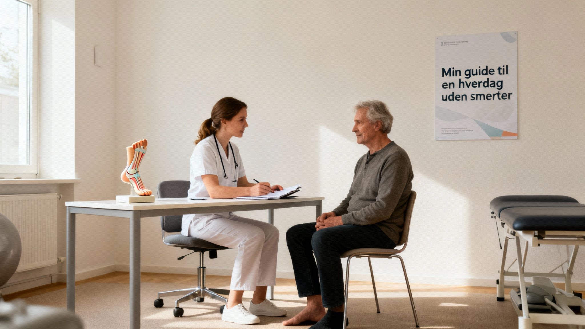 En fysioterapeut og en ældre patient i samtale på en klinik, med en fodmodel på bordet.