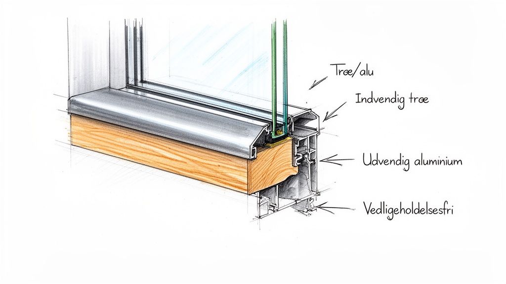Detaljeret tværsnit af et vindue med træ/alu-konstruktion, der viser indvendigt træ og udvendigt vedligeholdelsesfrit aluminium.