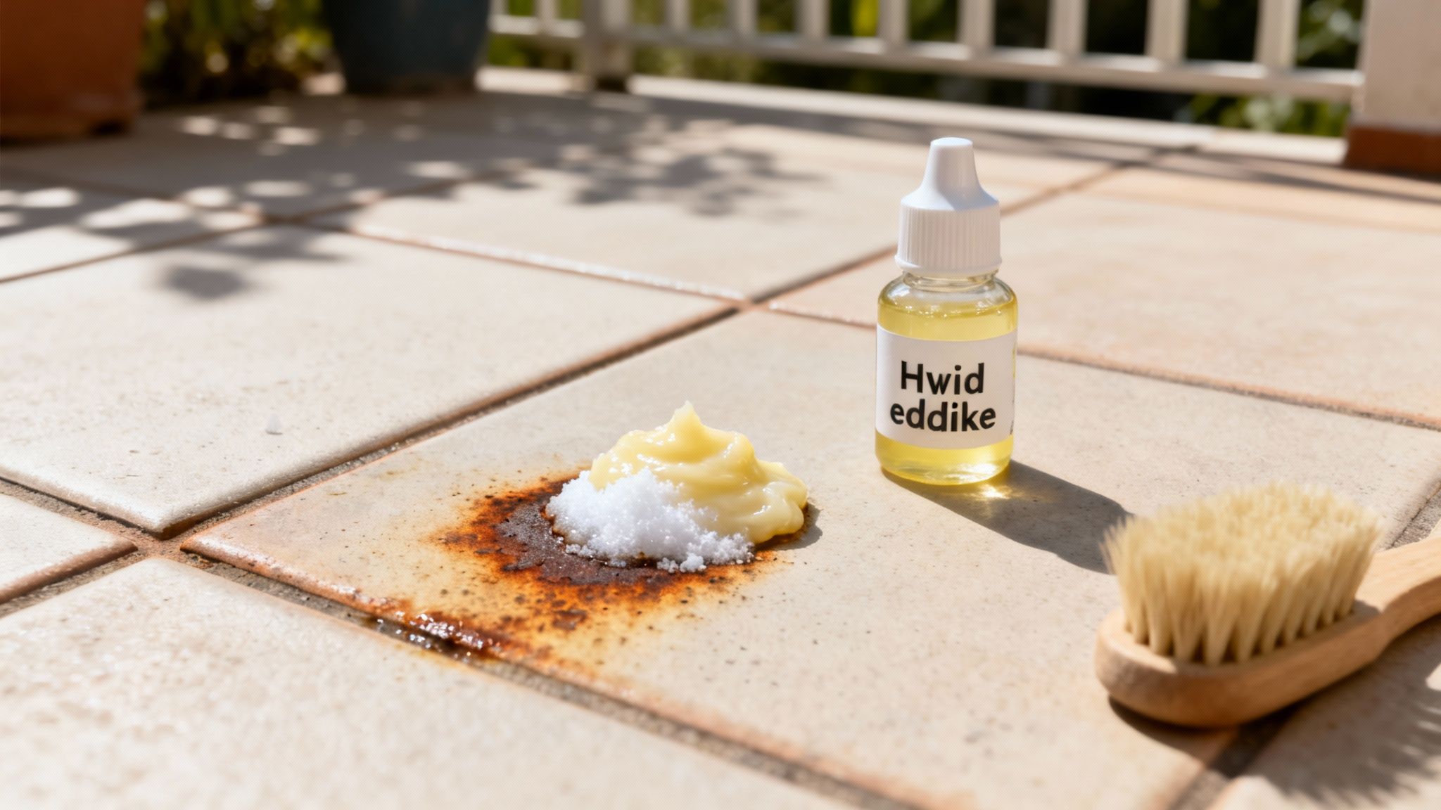 Hjemmelavet rustfjerner på fliser med hvid eddike, salt, pasta og børste til rengøring.