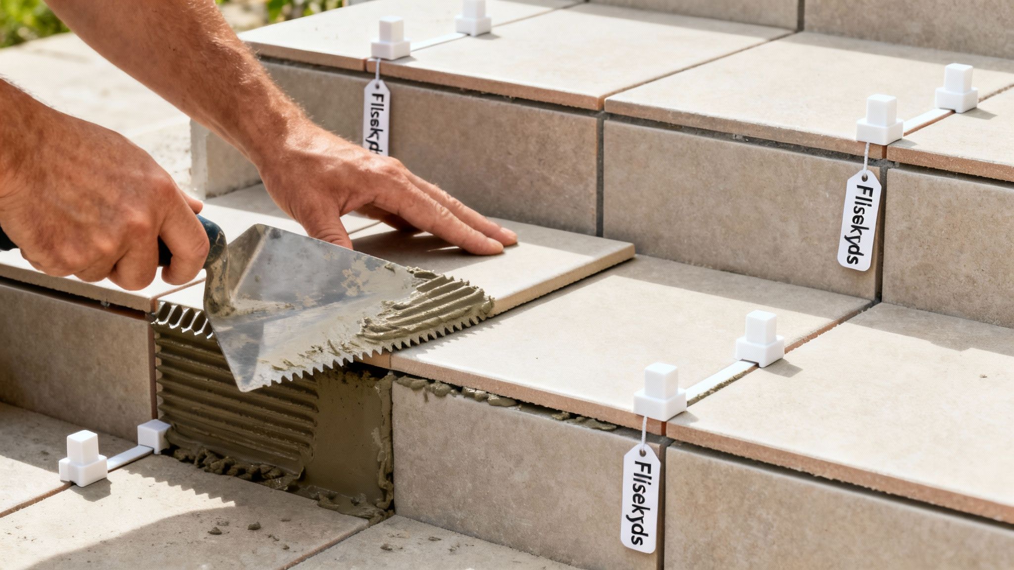 En person lægger fliser på en udendørs trappe. Hænder spreder fliseklæber og placerer en flise. Fliseudjævnere er synlige.
