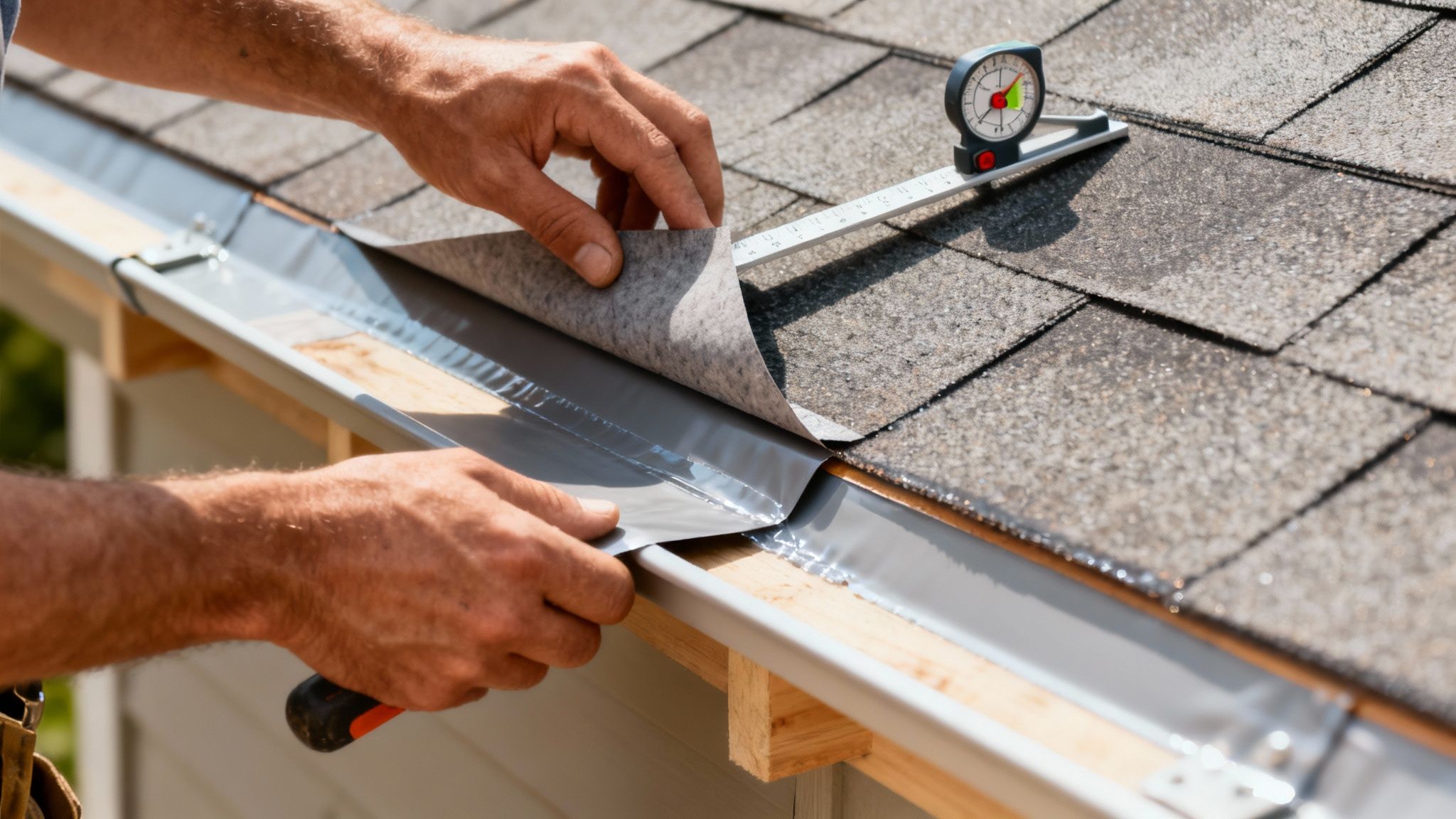 Hænder monterer tagunderlag og metalprofil ved tagrenden. En taghældningsmåler ligger på de grå tagsten.
