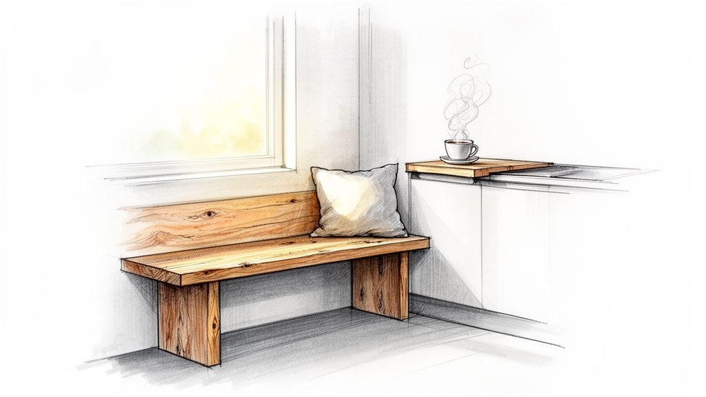Skitse af en hyggelig træbænk med pude ved vinduet i et køkken med en kop dampende kaffe.