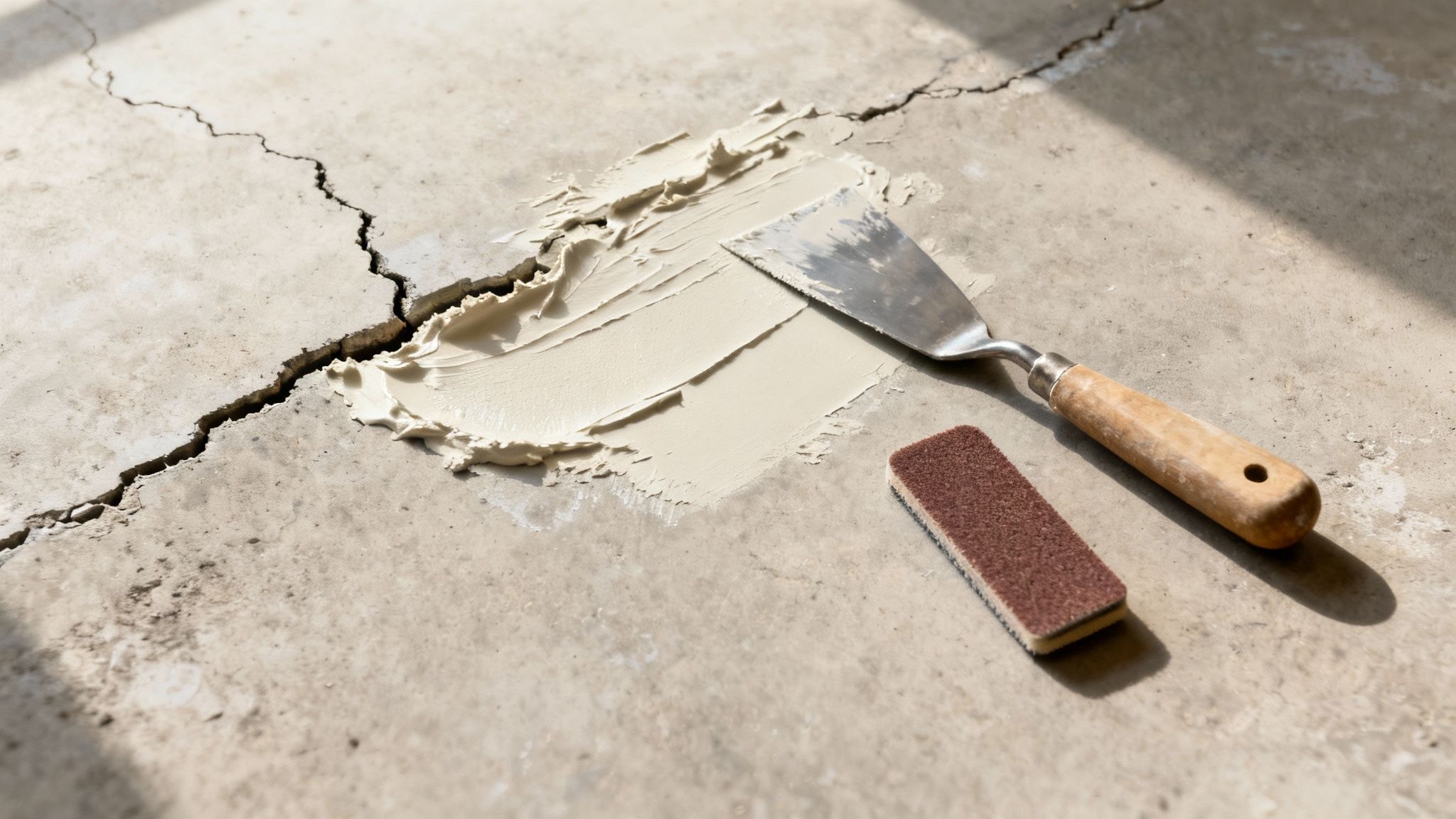 Spartel og slibepapir på betongulv med revner fyldt med spartelmasse under reparation