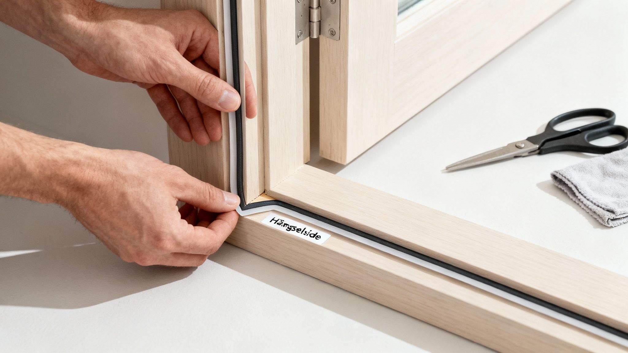 Hænder monterer hvid og sort tætningsliste på en dørkarm i lyst træ ved hængselssiden.