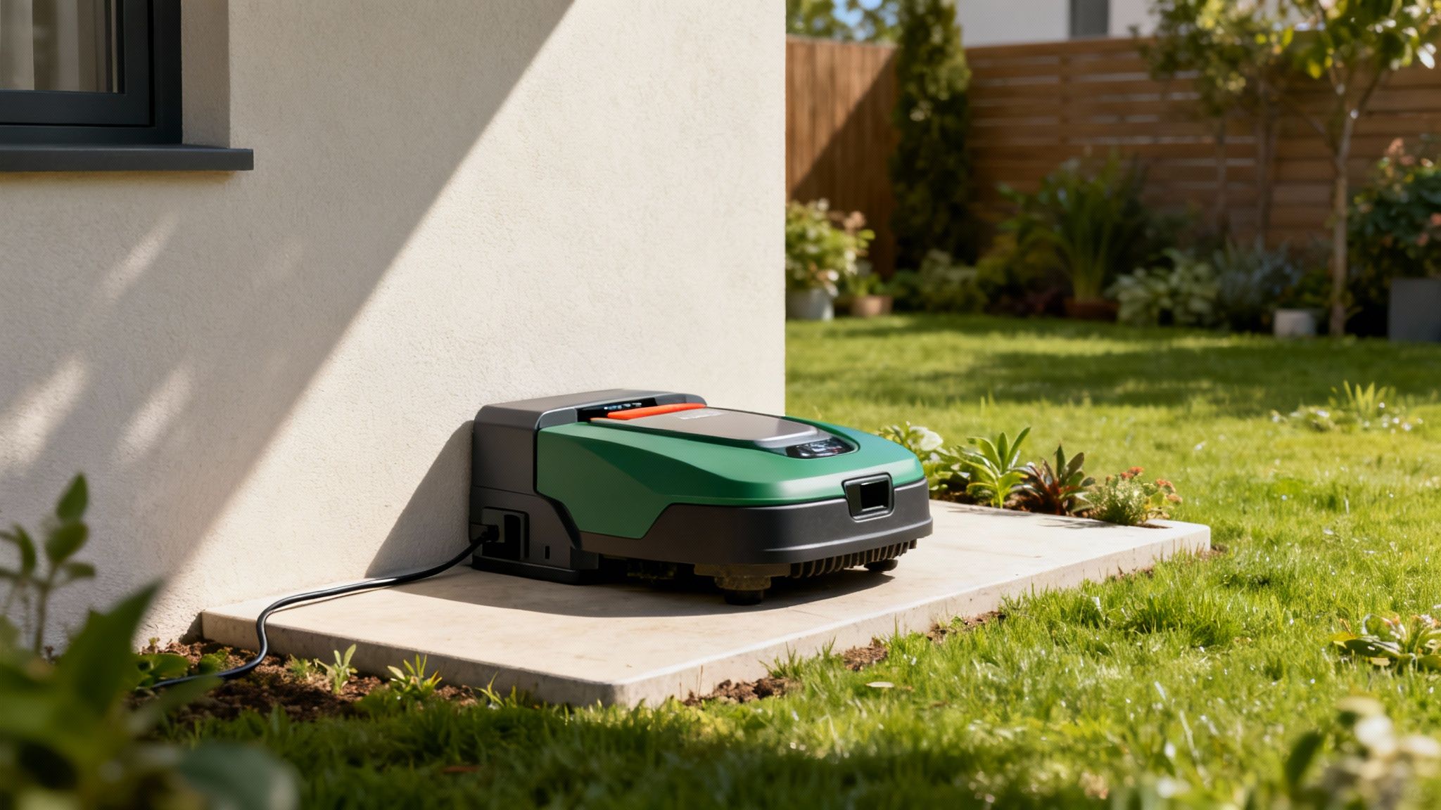 En robotplæneklipper parkeret i sin ladestation på en flisebelagt terrasse.