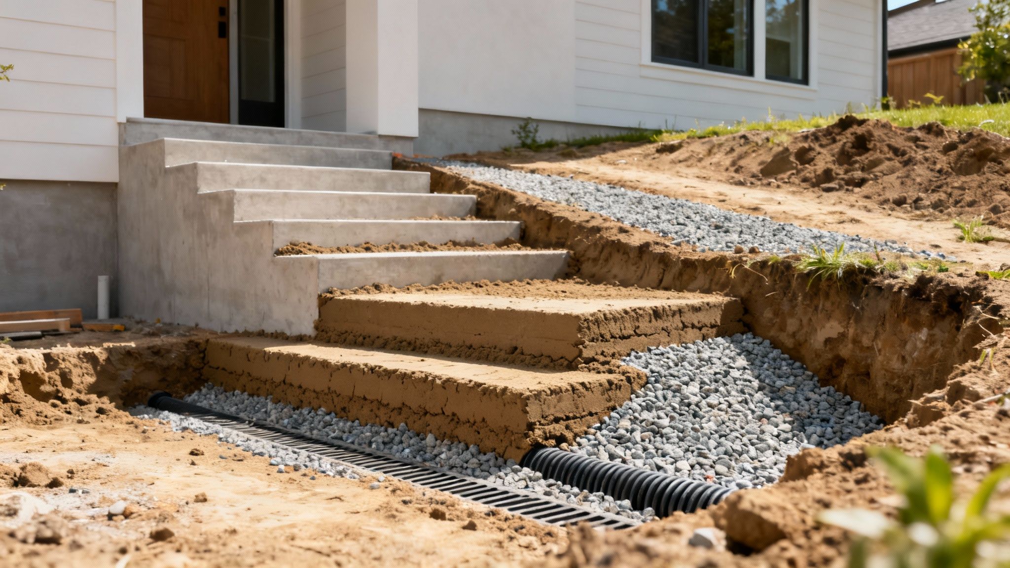 Udvendige betontrapper og drænsystem under anlæg foran et hus med jord og grus.