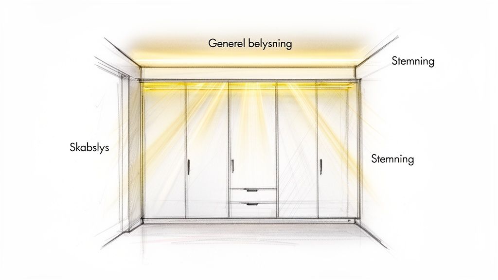 Skitse af et walk-in closet med forskellige belysningsløsninger: generel belysning, skabslys og stemningslys.