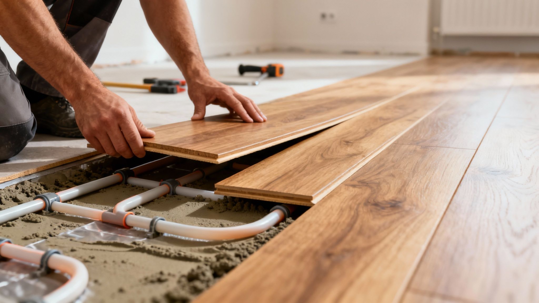 En person lægger trægulv over et gulvvarmesystem i et rum under renovering.