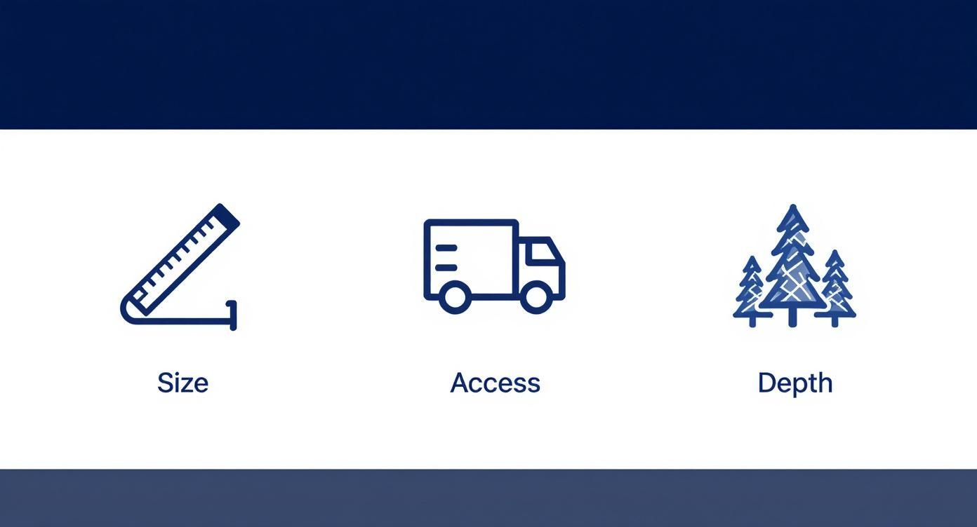 Tre blå ikoner: en lineal, en lastbil og træer, der repræsenterer størrelse, adgang og dybde.