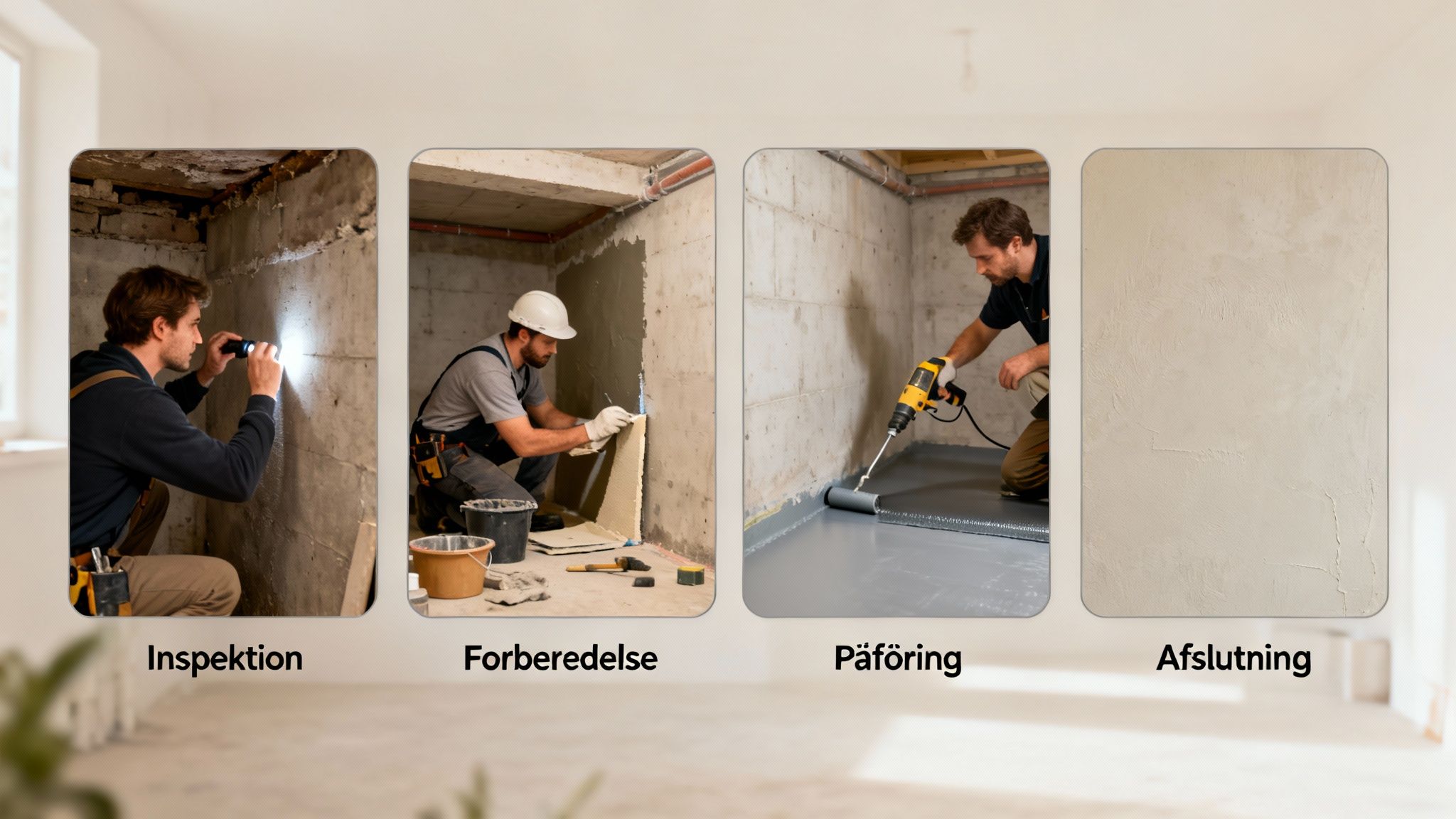 Fire trin for indvendig fugtsikring af kældervæg: inspektion, forberedelse, påføring og afslutning af væggen.