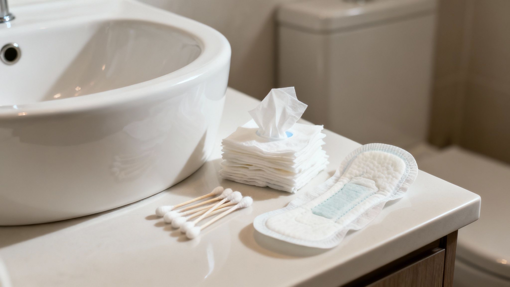 Hygiejneprodukter på badeværelseshylde med bidet, handsker og vatpinde til rengøring