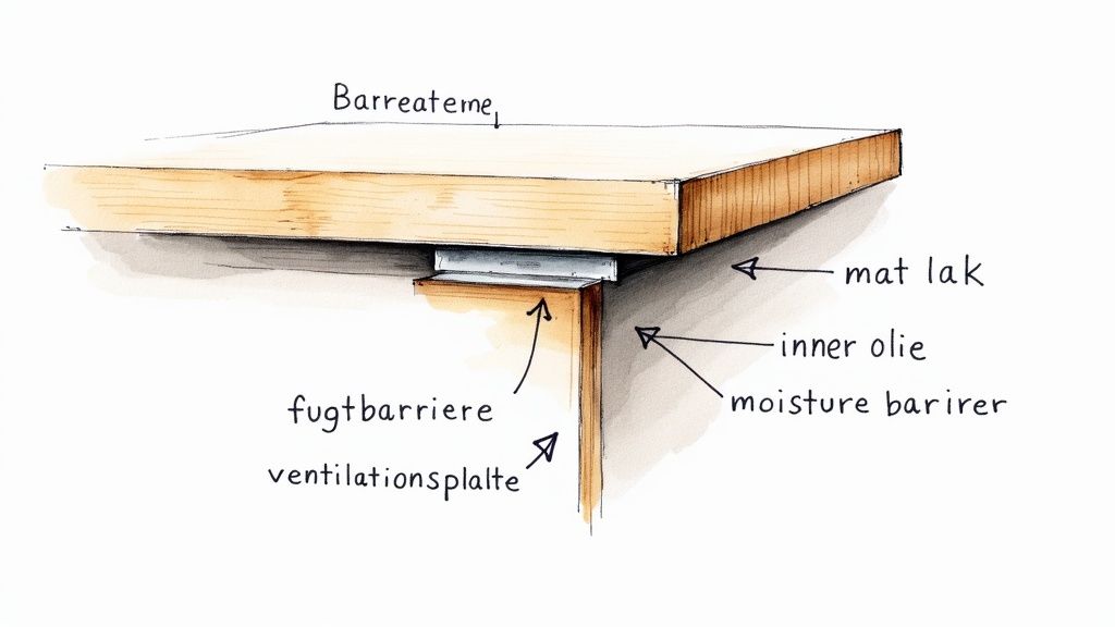 En detaljeret tegning af en træbordplade med lag af lak, olie, fugtspærre og ventilationsplade.