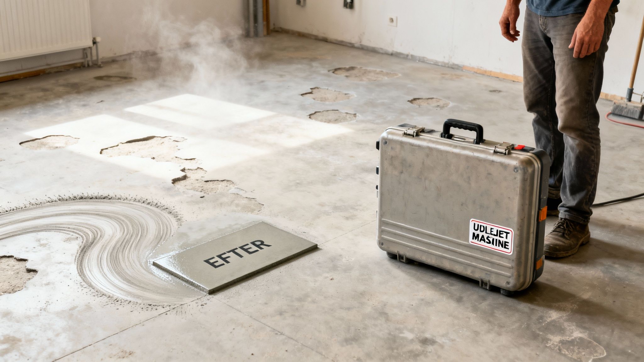 Person står ved metalboks på betongulv under forberedelse, med glat prøve og støv.